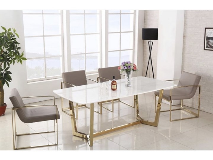 Ekskluzywny stół biało złoty marmurowy syntetyk Kenton 180 / 90 Stal Kolor Biały Wysokość 75 cm Styl Nowoczesny