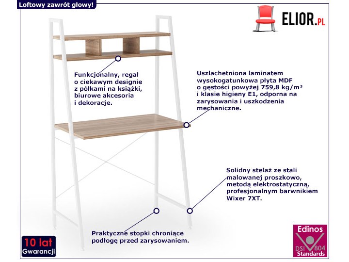 Loftowe biurko dąb sonoma + biały - Lusso 3X Stal Głębokość 46 cm Płyta MDF Drewno Styl Industrialny