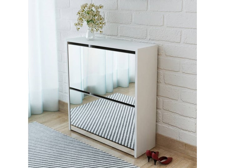 vidaXL Szafka na buty z 2 półkami i lustrem, biała, 63x17x67 cm Płyta laminowana Kategoria Szafki i regały Płyta MDF Głębokość 17 cm Szerokość 63 cm Płyta meblowa Styl Nowoczesny