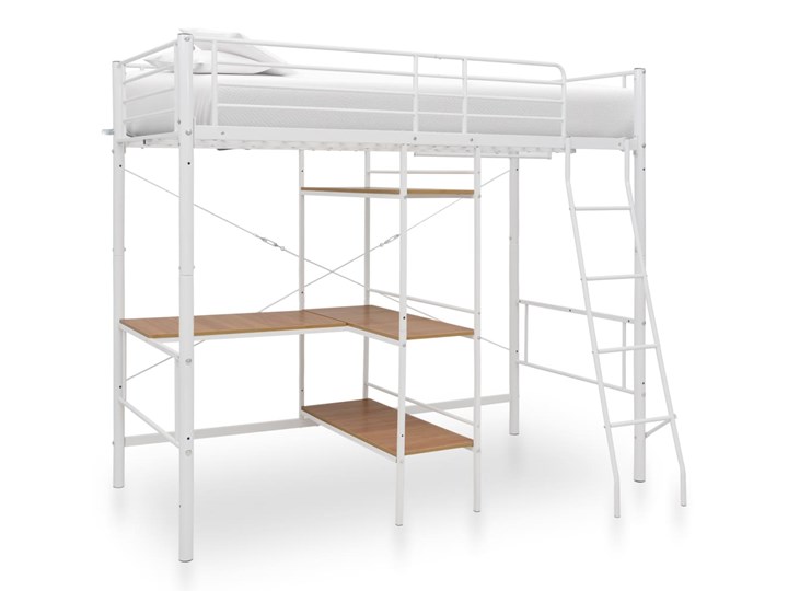 vidaXL Rama łóżka piętrowego z biurkiem, biała, metalowa, 90 x 200 cm Łóżko piętrowe Rozmiar materaca 90x200 cm Kolor Biały