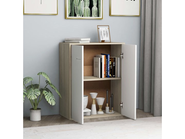 vidaXL Szafka, biel i dąb sonoma, 60 x 30 x 75 cm, płyta wiórowa Głębokość 30 cm Płyta MDF Z szafkami Szerokość 60 cm Kategoria Komody Szerokość 105 cm Pomieszczenie Salon