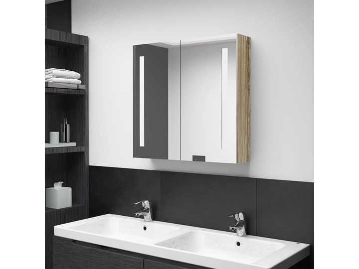 vidaXL Szafka łazienkowa z lustrem i LED, kolor dębowy, 62x14x60 cm Głębokość 14 cm Szkło Wiszące Szafki Szerokość 62 cm Drewno Płyta MDF Rodzaj frontu Drzwiczki