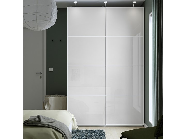IKEA PAX / HOKKSUND Szafa, biały/wysoki połysk jasnoszary, 150x66x236 cm Głębokość 66 cm Szerokość 150 cm Rodzaj drzwi Przesuwne