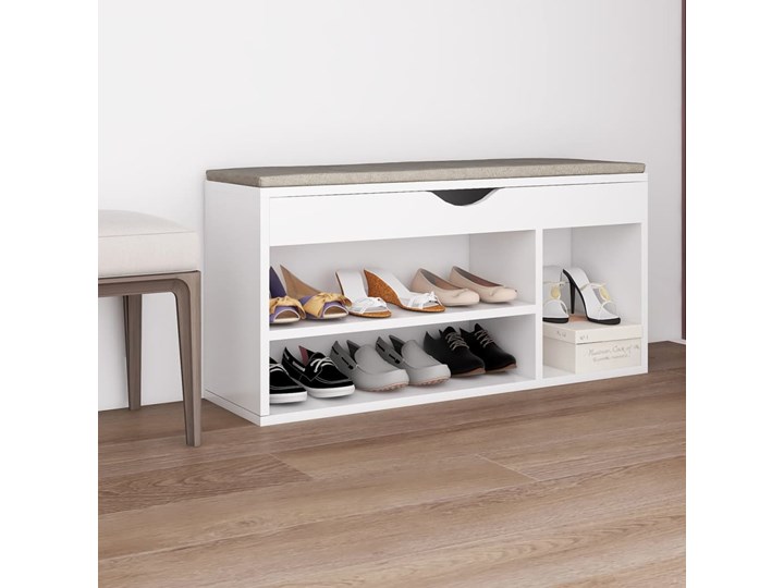 vidaXL Ławka na buty z poduszką, biała, 104x30x49 cm, płyta wiórowa Płyta laminowana Tworzywo sztuczne Głębokość 30 cm Szerokość 104 cm Płyta MDF Płyta meblowa Typ Z siedziskiem