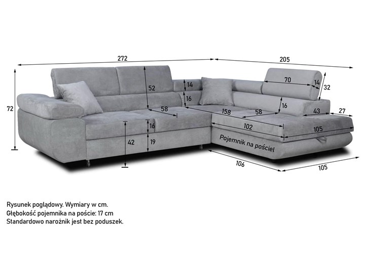 Narożnik do salonu z funkcją spania 272x205 TONNY / Kolory do wyboru Styl Nowoczesny Prawostronne Głębokość 220 cm Szerokość 272 cm Lewostronne Wysokość 72 cm Kolor Szary