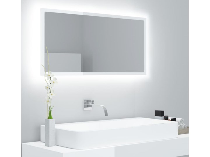 vidaXL Lustro łazienkowe z LED, białe na wysoki połysk, 90x8,5x37 cm Prostokątne Lustro z ramą Ścienne Styl Nowoczesny Kolor Biały