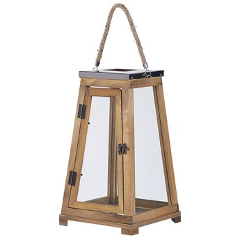 Beliani Lampion dekoracyjny brązowy drewno sosnowe 39 cm ozdobna latarenka na świece szklane drzwi ozdoba do mieszkania