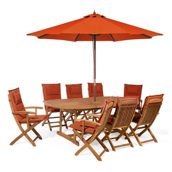 Beliani Zestaw mebli ogrodowych jasne drewno z czerwonymi poduszkami 8 krzeseł rozkładany stół parasol