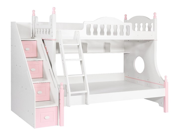 Łóżko piętrowe biało-różowe z półkami i szufladami PADDI 120x200 cm