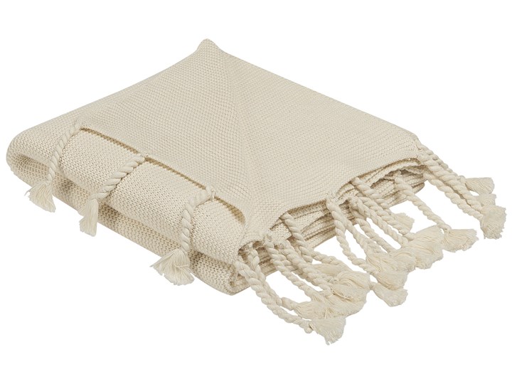 Beliani Koc beżowy bawełniany 125 x 150 cm pleciony z frędzlami styl boho 125x150 cm Bawełna Kolor Biały