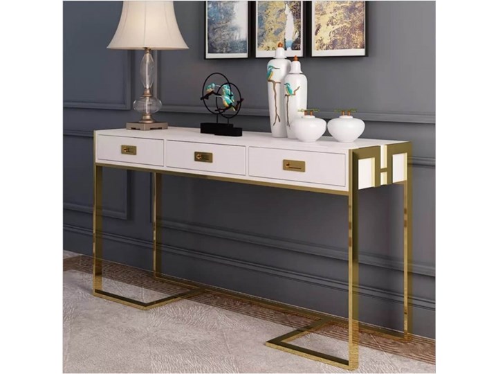 Konsola biało złota Luginn Glamour 123 x 40 x 80 Szerokość 123 cm Wysokość 80 cm Z szufladą Szkło Płyta MDF Stal nierdzewna Głębokość 40 cm Kolor Biały