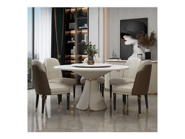 Ekskluzywny okrągły stół Glamour  , blat marmur syntety  Homey FI 130 Styl Nowoczesny Wysokość 75 cm Kolor Biały