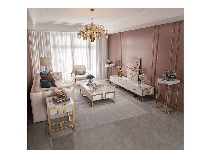 Konsola biało złota Luginn Glamour 123 x 40 x 80 Stal nierdzewna Szkło Wysokość 80 cm Głębokość 40 cm Szerokość 123 cm Płyta MDF Z szufladą Kolor Złoty Styl Nowoczesny
