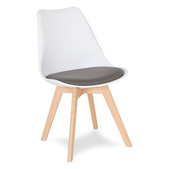 Krzesło na drewnianych bukowych nogach z skórzaną szarą poduszką nowoczesne białe 007W-G-BW