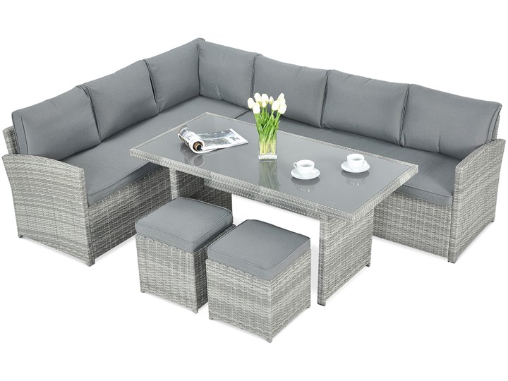 Narożnik technorattanowy SALO + PUFY Stone Grey Stal Zestawy wypoczynkowe Zestawy obiadowe Styl Nowoczesny