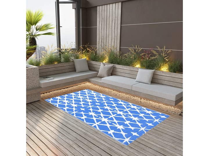 vidaXL Dywan na zewnątrz, niebiesko-biały, 160x230 cm, PP Prostokątny Syntetyk Dywany Pomieszczenie Balkon i taras