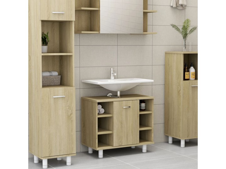 vidaXL Szafka łazienkowa, kolor dębu sonoma, 60x32x53,5 cm, płyta Drewno Płyta stolarska Kategoria Szafki stojące Płyta MDF Szafki Wysokość 54 cm Szerokość 60 cm Głębokość 32 cm Rodzaj frontu Drzwiczki