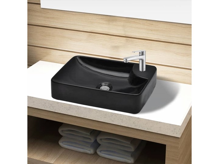 vidaXL Ceramiczna umywalka z otworem na kran, czarna Prostokątne Szerokość 40 cm Stal Ceramika Nablatowe Kolor Czarny