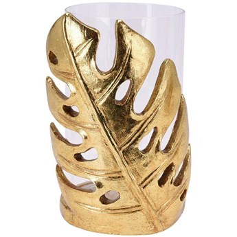 ARESIA świecznik szklany kielich ze złotym, metalowym liściem monstery, wys. 15 cm