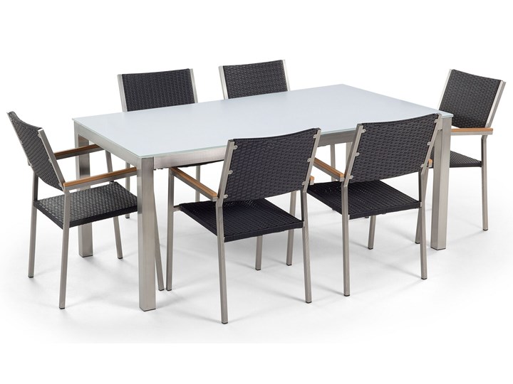 Beliani Zestaw mebli ogrodowych jadalniany biały stół szkło hartowane 180 x 90 cm 6 krzeseł czarnych z technorattanu sztaplowanych Stal Stoły z krzesłami Styl Nowoczesny