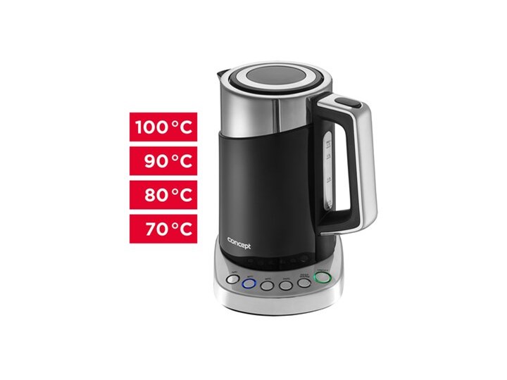 Czajnik elektryczny z termoregulacją CONCEPT BLACK 1,7 l czarny Tworzywo sztuczne Stal Moc grzałki 2200 W Regulacja temperatury