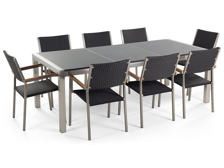 Beliani Zestaw mebli ogrodowych jadalniany szary stół granitowy polerowany 220 x 100 cm 8 czarnych krzeseł z technorattanu sztaplowanych Stal Styl Nowoczesny Stoły z krzesłami Kategoria Zestawy mebli ogrodowych