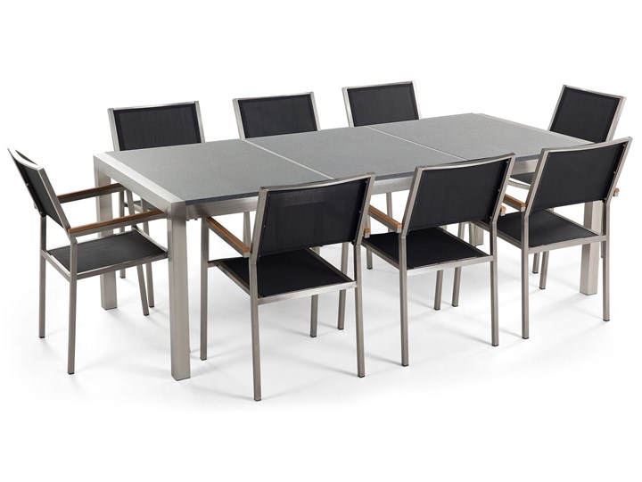Beliani Zestaw mebli ogrodowych jadalniany szary stół granitowy polerowany 220 x 100 cm 8 krzeseł czarnych tekstylnych sztaplowanych Stal Tworzywo sztuczne Stoły z krzesłami Styl Nowoczesny