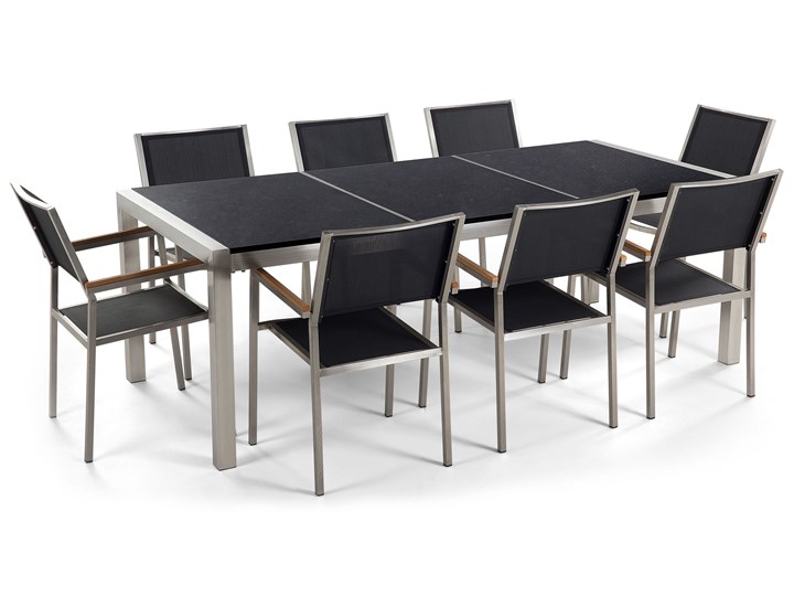 Beliani Zestaw mebli ogrodowych jadalniany czarny stół granit/bazalt 220 x 100 cm 8 krzeseł tekstylnych sztaplowanych Stoły z krzesłami Stal Tworzywo sztuczne Styl Nowoczesny Kategoria Zestawy mebli ogrodowych
