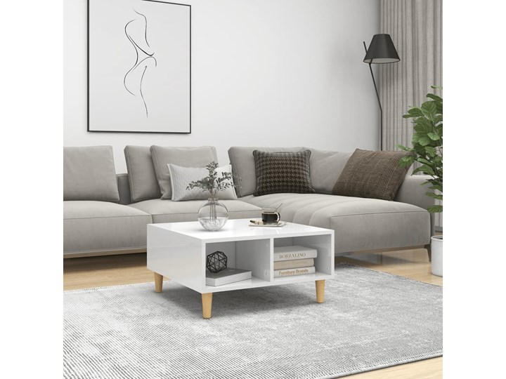vidaXL Stolik kawowy, biały, wysoki połysk, 60x60x30 cm, płyta wiórowa Styl Skandynawski Drewno Funkcje Z półkami