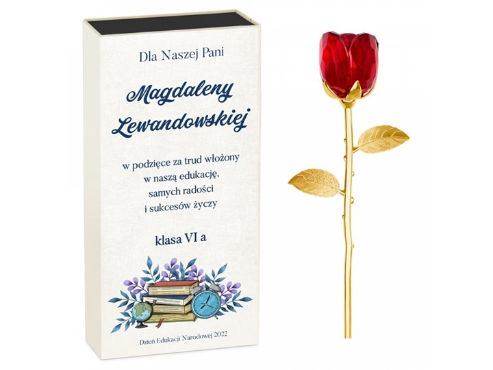 Róża kryształowa w pudełku z nadrukiem dla wychowawczyni na Dzień Nau Rośliny Kategoria Figury i rzeźby