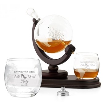Karafka szklana globus zestaw do whisky szklanki x2 z grawerem dla
