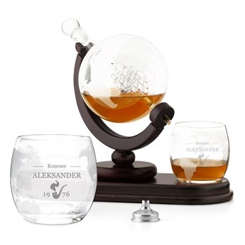 Karafka szklana globus zestaw do whisky szklanki x2 z grawerem dla