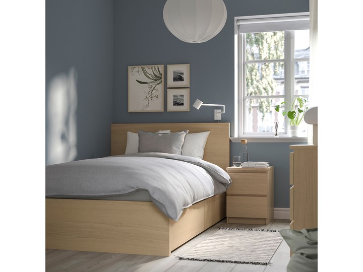 IKEA MALM Rama łóżka z 2 pojemnikami, Okleina dębowa bejcowana na biało, 120x200 cm Łóżko drewniane Drewno Pojemnik na pościel Z pojemnikiem Liczba miejsc Jednoosobowe