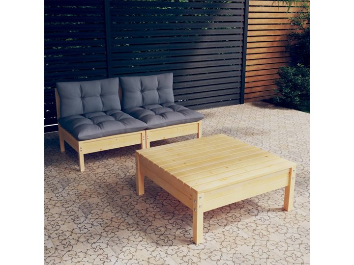 vidaXL 3-cz. zestaw wypoczynkowy do ogrodu, szare poduszki, sosnowy Zestawy wypoczynkowe Tworzywo sztuczne Drewno Kolor Brązowy