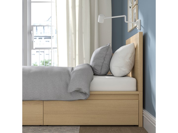 IKEA MALM Rama łóżka z 2 pojemnikami, Okleina dębowa bejcowana na biało, 90x200 cm Łóżko drewniane Kolor Beżowy Drewno Liczba miejsc Jednoosobowe