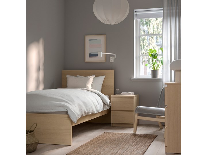 IKEA MALM Rama łóżka, wysoka, Okleina dębowa bejcowana na biało, 90x200 cm Drewno Kolor Beżowy
