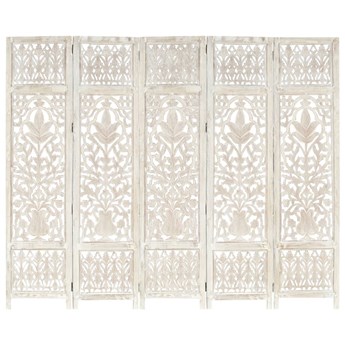vidaXL Parawan 5-panelowy, rzeźbiony, biały, 200x165 cm, drewno mango