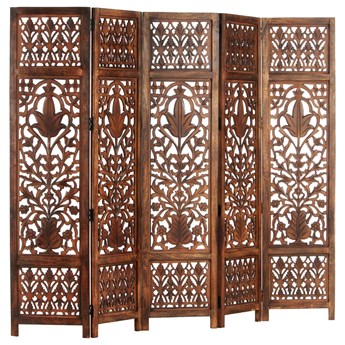 vidaXL Parawan 5-panelowy, rzeźbiony, brąz, 200x165 cm, drewno mango