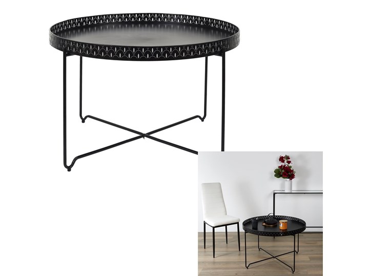 Okrągły stolik kawowy z blatem w kształcie tacy Modes Rodzaj nóg Kółka Zestaw stolików Szerokość 78 cm Długość 78 cm Metal Szkło Wysokość 48 cm Funkcje Z półkami