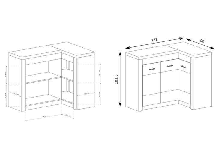Komoda narożna jesion jasny - Dagna 15X Styl Minimalistyczny Płyta laminowana Wysokość 104 cm Głębokość 42 cm Płyta meblowa Szerokość 90 cm Z szafkami i szufladami Szerokość 131 cm Pomieszczenie Salon