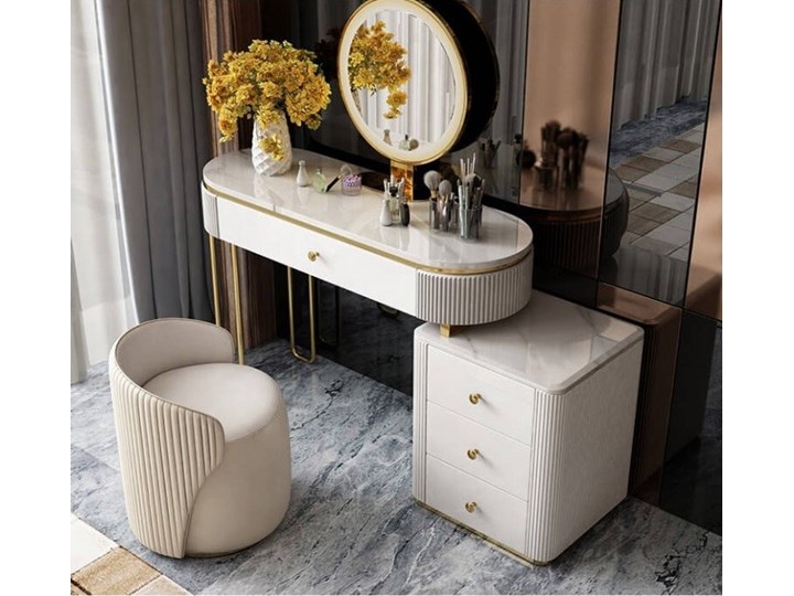 Toaletka biało złota Glamour z fotelem i podświetlanym lustrem Namona