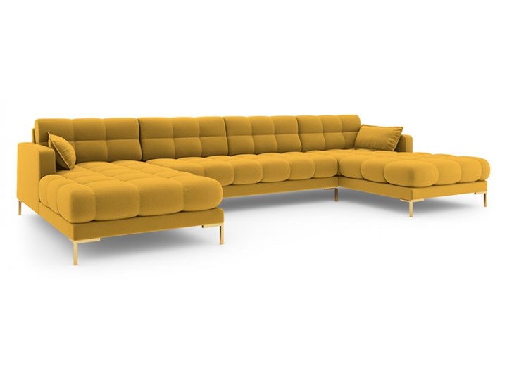 Sofa panoramiczna MAMAIA żółty ze złotą podstawą Szerokość 185 cm Szerokość 383 cm Styl Nowoczesny Głębokość 185 cm Wysokość 75 cm Funkcje Z poduszkami
