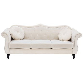 Beliani Sofa beżowa welurowa 3 osobowa kanapa aksamitna pikowana glamour z okrągłymi poduszkami