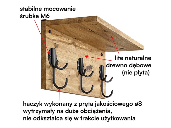 Wieszak ścienny z litego drewna dębowego - Dąb Rustykalny 04 Metal Drewno Kategoria Wieszaki na odzież wierzchnią