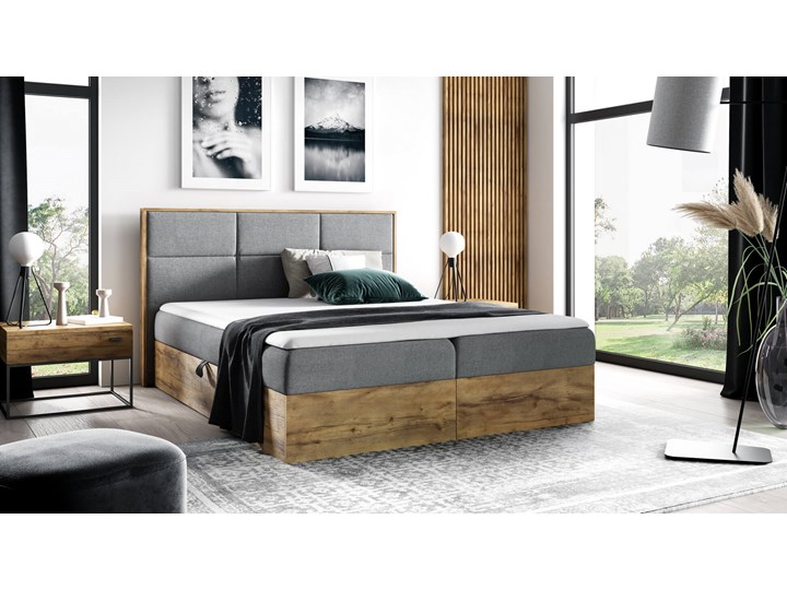 Łóżko kontynentalne 140x200 WOOD2 / z pojemnikiem Łóżko tapicerowane Kolor Szary Drewno Tkanina Liczba miejsc Dwuosobowe