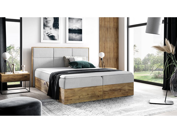 Łóżko kontynentalne 180x200 WOOD2 / z pojemnikiem Rozmiar materaca 180x200 cm Drewno Łóżko tapicerowane Tkanina Zagłówek Z zagłówkiem