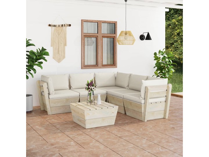 vidaXL 6-cz. ogrodowy zestaw wypoczynkowy z palet, poduszki, świerk Tworzywo sztuczne Zestawy wypoczynkowe Zawartość zestawu Sofa Drewno Zestawy modułowe Styl Rustykalny