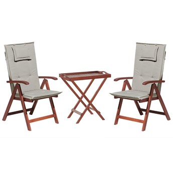 Beliani Zestaw mebli balkonowych ciemne drewno akacjowe stół 2 krzesła z beżowoszarymi poduszkami regulowane oparcia składany rustykalny