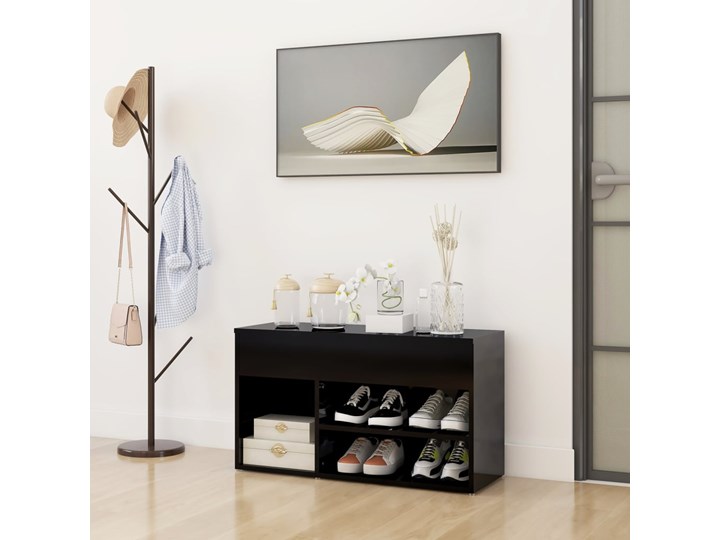 vidaXL Ławka z miejscem na buty, czarna, wysoki połysk, 80x30x45 cm Płyta meblowa Płyta MDF Płyta laminowana Szerokość 80 cm Głębokość 30 cm Kolor Czarny