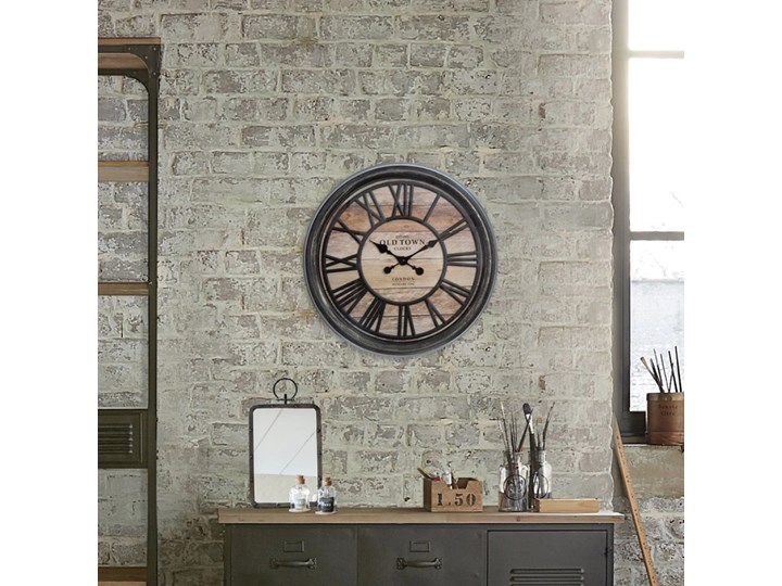 Zegar ścienny 3D Old Town 50 cm Okrągły Drewno Metal Styl Rustykalny Styl Industrialny